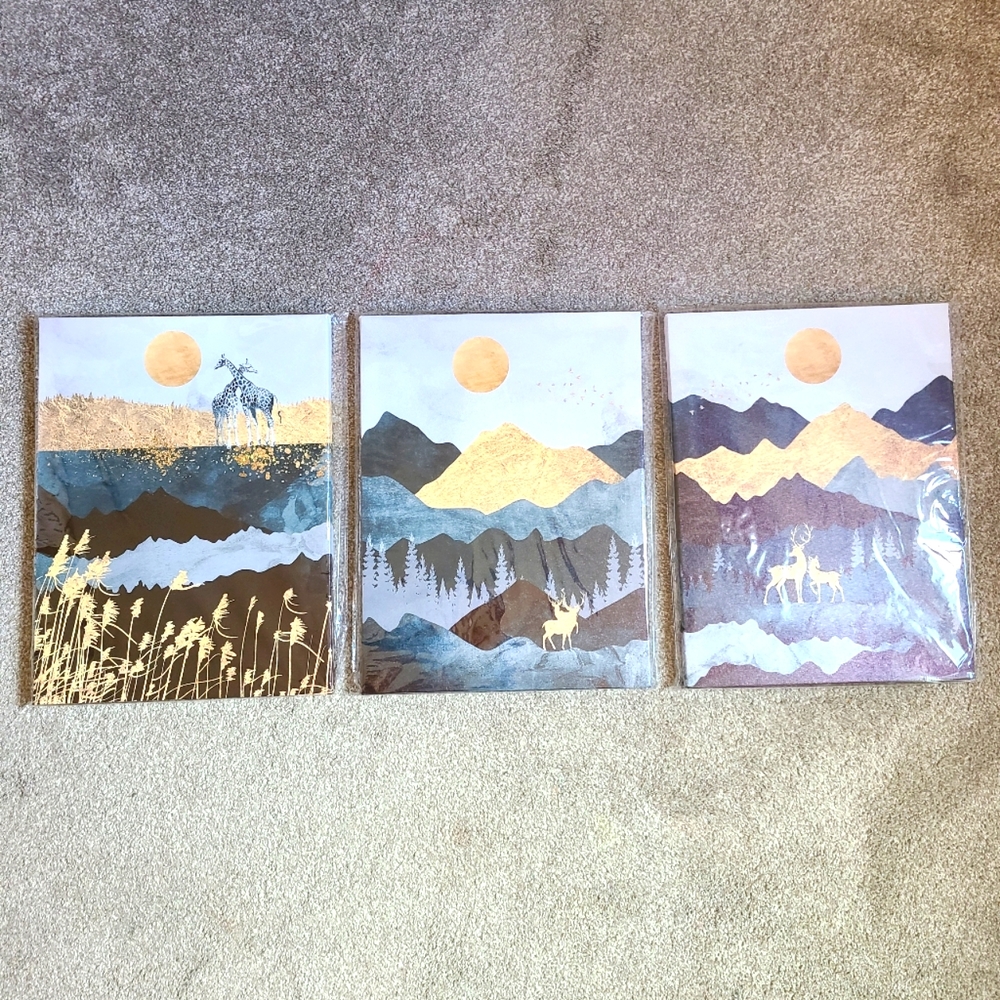 3 Piece Wall Art Mountains Blue Gold Deer Wildlife